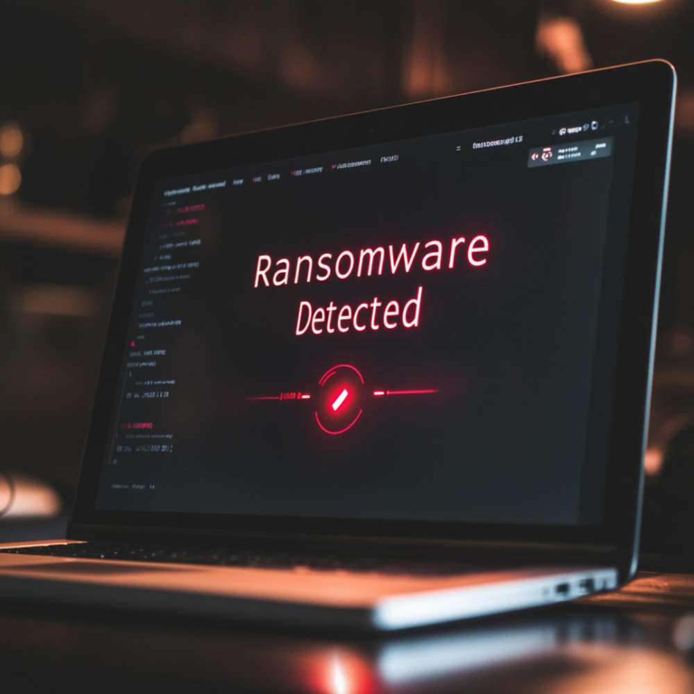 Pantalla de un computador con alerta de ransomware detectado_nsit Pantalla de un computador con alerta de ransomware detectado, representando un ciberataque que compromete la seguridad de los datos y los sistemas empresariales.